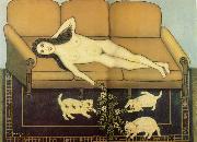 Hirshfield Morris Nude on Sofa with Three Pussies oil